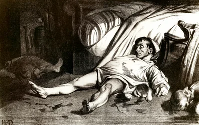 The massacre of Rue Transnonain on 14/04/1834: the military massacres the inhabitants of the building 12 Rue Transnonain in Paris. Lithograph by Honore Daumier