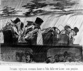 Trains of Pleasure: Travelers in the Rain - by Daumier, in "Charivari" of 28/08/1852.