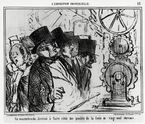 Universal exhibition: a turntable, designed to roast chickens with the strength of twenty-nine horses. Illustration by Honore Daumier, published in 