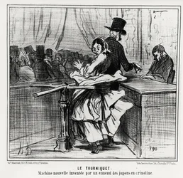 Universal exhibition: the turnstile: a new machine invented by a crinoline petticoats enemy. Illustration by Honore Daumier, published in 