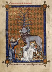 The Beast of the Apocalypse, trampling a saint and adored by a kneeling hypocrite, illustration from 