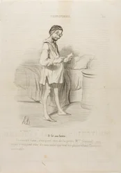 (He is reading a letter) “A date, could it be from the cute Mme Giraud?? Yes, but it could also come from her husband who wants to pinch me…,” plate 8 from Coquetterie