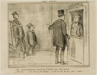 But you told me that children are not allowed in this house... - Sir, these are not children... they are the sons of the owner!, plate 23 from Croquis Parisiens, - par Daumier