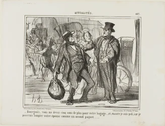 "- Citizen, you owe me another five sous for your luggage, and I am even generous because if I wanted to I could count your wife as a second piece of luggage," plate 457 from Actualités