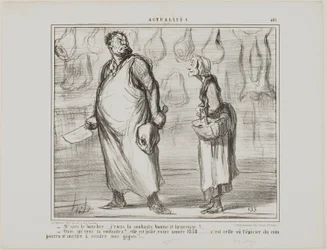 Mister butcher, I wish you a happy and healthy New Year... What? This is going to be a nice one, this 1858... every grocer around the corner will be able to sell my mutton!, plate 481 from Actualités