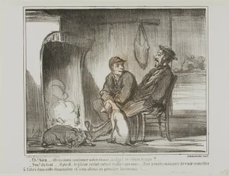 "- Now what? Are we going to continue hunting during the rain? - Not at all! The animals are just as afraid of the rain as we are. They might not be able to find this shelter, and we would end up losing too many of them!", plate 5 from Croquis De Chasse