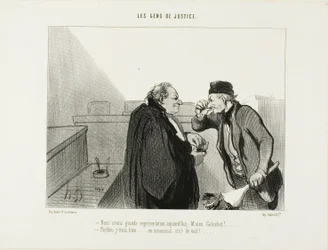 "- Should be a great performance today, Mr.Galuchet... - I should think so... A murder case with a rape thrown in...," plate 31 from Les Gens De Justice