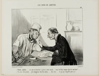 "- Sue him.....sue him..... That would be a good trick to play on your neighbour... it would eat up all his savings, at least 100 écus.... - Yes but I would also have to eat into my savings and I really have no appetite for that....," plate 29 from Les Gen