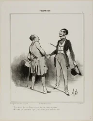 "- You must come to have dinner, my wife will eat in town.. it is just us two men! - Ah, the Devil! I have a terrible headache (aside) and his wife is waiting for me!" plate 7 from Vulgarities