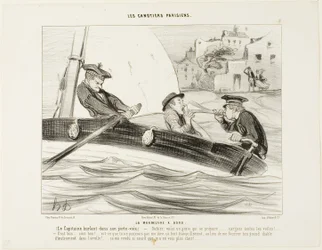 A Boat-Manoeuvre. The Captain yelling in his trumpet: "- Gabier! There is a squall building up, get ready!..... Clew up all the sails!... That