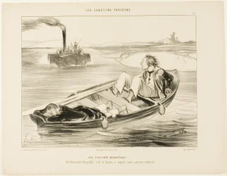 An Unpleasant Encounter. "Bernardel, Bernardel! Here comes the steamer... we will sink!", plate 16 from Les Canotiers Parisiens