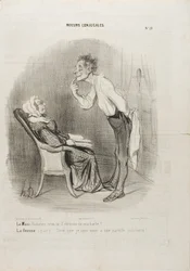 Husband: "My dear, how about a first kiss on my chin?" The wife (aside): "To think that I am married to this face!", plate 21 from Conjugal Customs