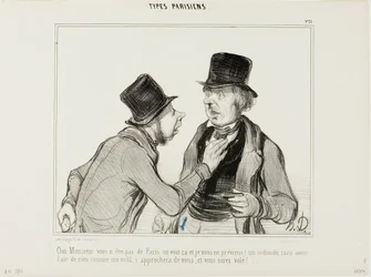 "I can see Monsieur that you are not from Paris. Let me warn you: there are people who look perfectly harmless just like me. They might approach you and rob you!", plate 21 from Types Parisiens