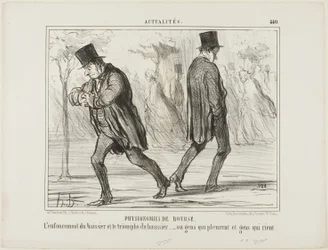 Physiognomy of the Stock Exchange. The despair of the baissier and the triumph of the haussier - or crying and laughing, plate 440 from Actualités