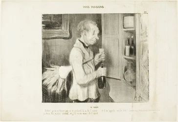 The Taste. "Wow! I am not surprised any more why this fellow is so spirited... and he calls me an old beast! Let me have one of these every morning, and I will be full of spirit too," plate 40 from Types Parisiens