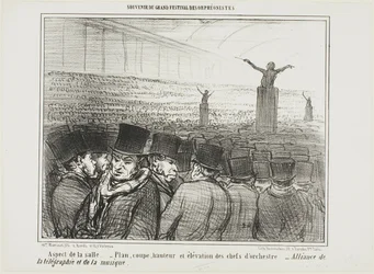 View of the grand hall. Map, height and view from front of the conductor. Grand alliance between telegraph and music, plate 1 from Souvenir Du Grand Festival Des Orphéonistes