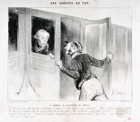 Artwork by Honore Daumier (1808-1879). Charivari dates from 1843: Serie LES RAILWAYS The danger of falling asleep on a journey -Wake up Sir and get off the car! - Where are we driving? - But Rouen parbleu! - In Rouen and I who only wanted to go to Poiss