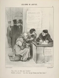 "Must one write a letter to soften him?... Soften a bailiff!... Then you are not French, my brave man?....", plate 5 from Les Gens de Justice