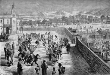 Mexican Custom: Indian Party and Dance in Santa Anna (Mexico) in Memory of the Conquest of Fernando Cortez (1863) - Engraving in 