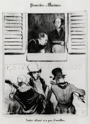 Proverbs and maxims: hungry belly has no ears. Illustration by Honore Daumier. Caricature 19th century, Musee Carnavalet, Paris