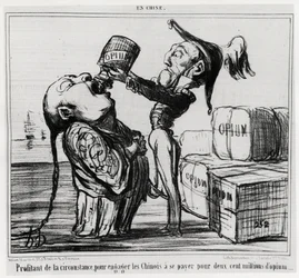 Second Opium War (1856-1860): In 1858, the Chinese government agreed to legalize the trade in opium. “Taking advantage of the circumstances to make the Chinese pay for two hundred million opium”, from the series In China, illustration by Honoré Daumier.