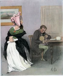 Serie Les bas bleu, which turns in derision the women authors who delay family life and domestic tasks for the benefit of their intellectual work and establish themselves in an exclusively male environment: a young woman emancipated, leaving the infant