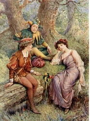 Rosalind, Celia and Touchstone in "As You Like It" from 