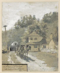 An Old Government Toll Gate with Westward Bound Express, drawing of an illustration for the article "The Old National Pike," by William Henry Rideing