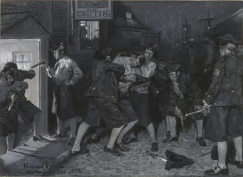 At the Sign of the Griffin, drawing of an illustration for the article "Old New York Coffee-Houses" by John Austin Stevens