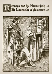 Denneys and the Hermit Help Sir Launcelot to His Armor, Illustration from 