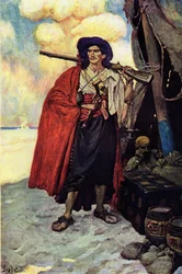 Portrait of a pirate armed with a rifle. Near him the treasure and the tent set up on the deserted island. Illustration from 