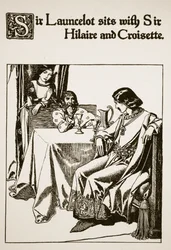 Sir Launcelot sits with Sir Hilaire and Croisette, illustration from 