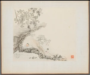 Album of Landscape Paintings Illustrating Old Poems: A Man Lies under a Rocky Overhang; a Boy Stands to his Right