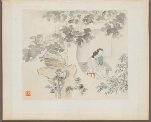 Album of Landscape Paintings Illustrating Old Poems: Two Women Sit at a Table