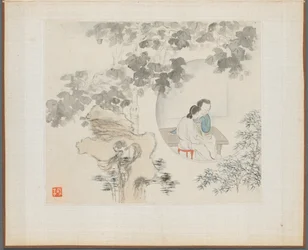 Album of Landscape Paintings Illustrating Old Poems: Two Women Sit at a Table within a Circle Visible in a Landscape