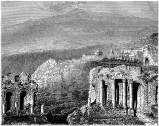 Mount Etna and a view of Taormina, Sicily, Italy, 19th century
