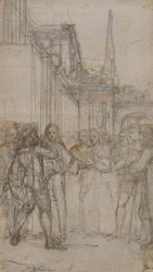 Literary Illustration: Man with Sword Confronting Group of Figures Before Building