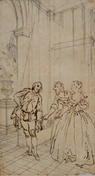 Literary Illustration with Gentleman and Two Ladies in Interior