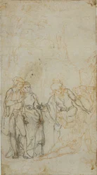 Unidentified Literary Illustration with a Group of Figures Surrounding Reclining Figure in Landscape