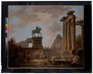 A Capriccio with Troubadours and Washer Women by a Basin Among Roman Ruins, a Pyramid Beyond