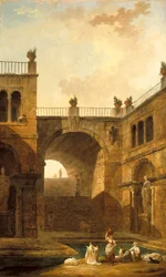 Architectural Scene with Women Washing Clothes at a Pool