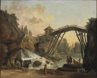 Artist drawing the wooden bridge in the park at Méréville, c.1790