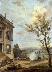 Capriccio Italianate Landscape with the Capitoline Palazzo Nuovo and Gentlefolk on a Terrace, a River Beyond