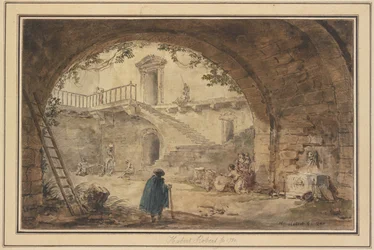Vault with an ancient fountain and view of a staircase