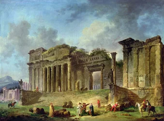 Man sketching the ruins of a classical temple