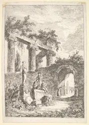 Plate 3: The Statue Before the Ruins: a statue to left next to three figures on a p