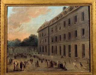 Recreation of Prisoners in Saint Lazare: the Balloon Part. Painting by Hubert Robert (1733-1808)