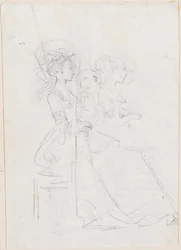 Two Seated Women with Male Figure between Them