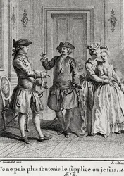 I cannot bear the torments here any more where I am, illustration for Eugenie by Beaumarchais, engraved by Louis Joseph Masquelier