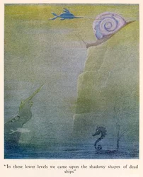 "In these lower levels we came upon the shadowy shapes of dead ships", illustration from The Voyages of Doctor Dolittle